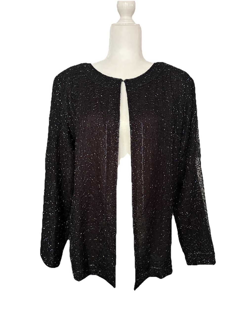 VTG Praise Hymn Silk Beaded Cardigan Women S Black Iridescent Formal Event Party